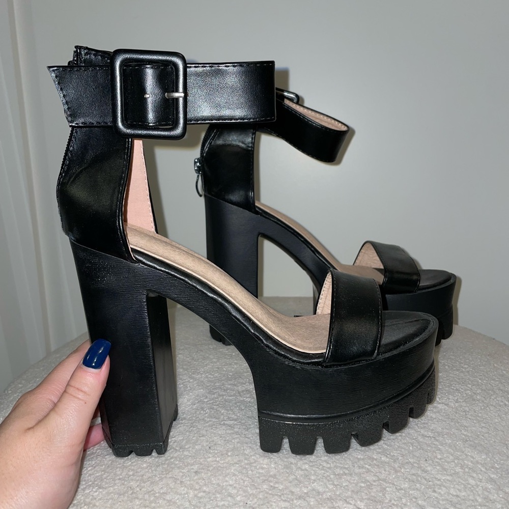 NEW black leather platform ankle strap heels